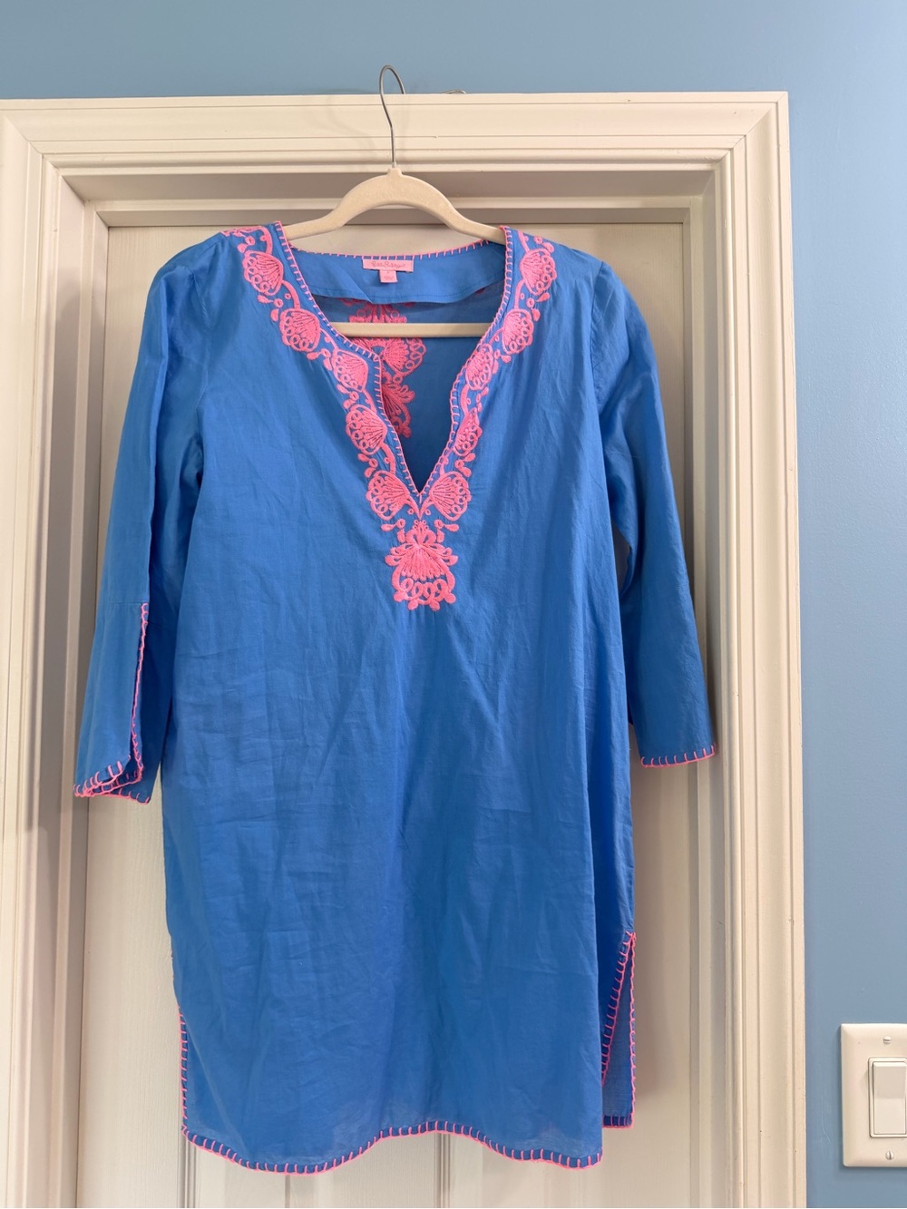 Lilly Pulitzer Piet Beach Cover Up Tunic Bennet Blue Pink Trim Small
